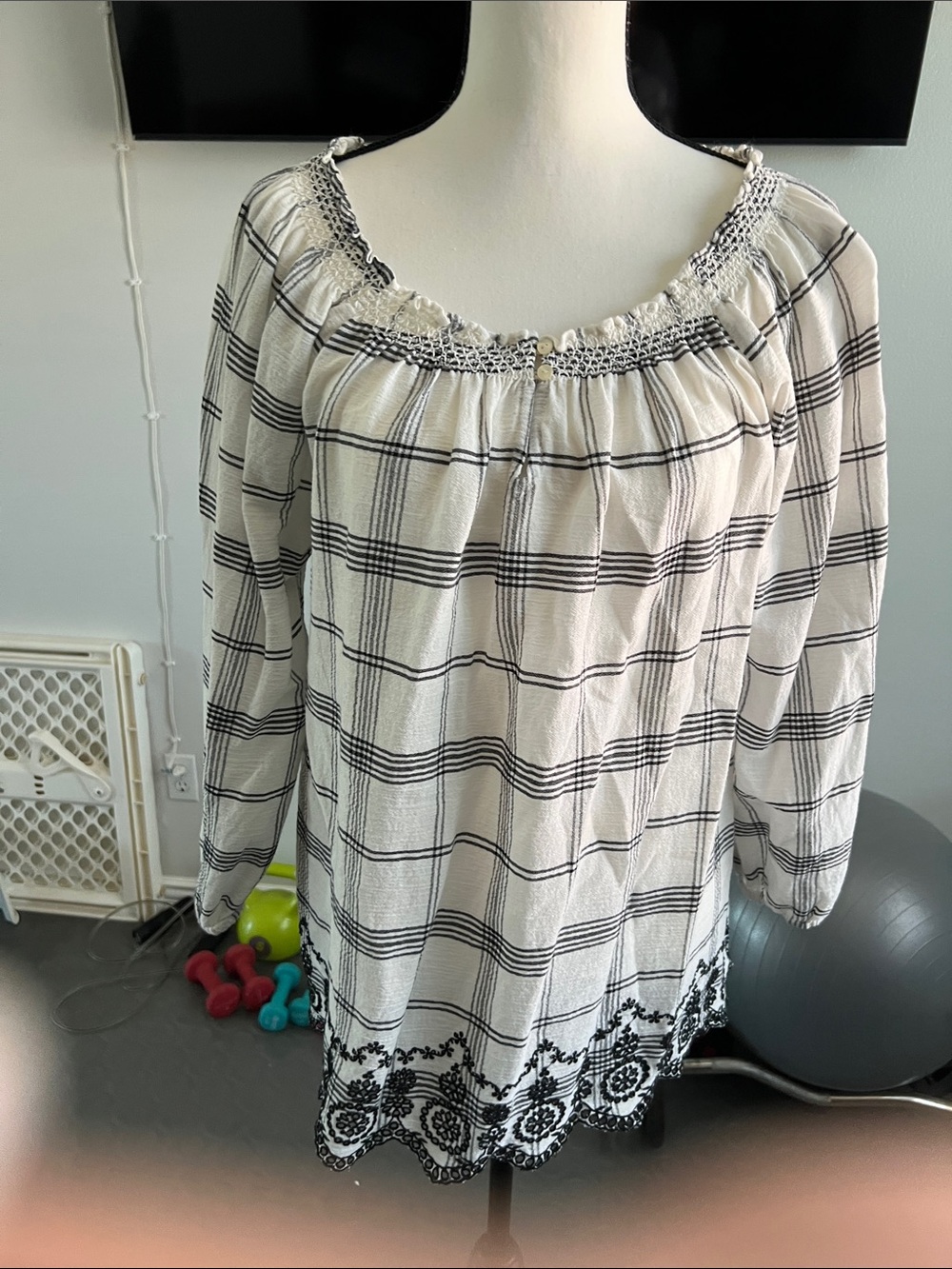 Chaps Black & White Smocked-Neck Peasant Blouse